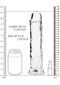 Crystal clear 11-inch Realrock realistic straight dildo with size comparison chart, soda can, and lipstick for scale