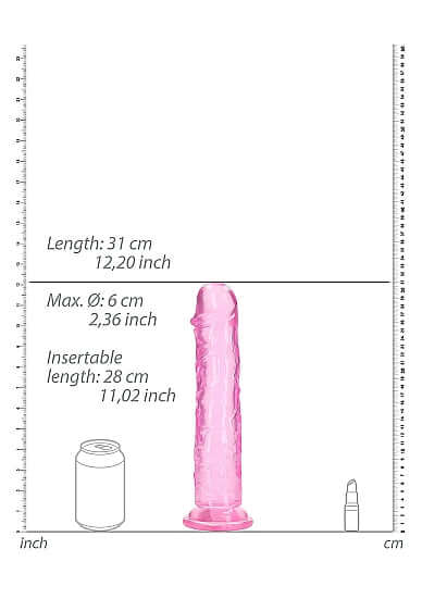 Realrock 11-inch pink clear realistic dildo beside size comparisons and measurements in inches and centimeters