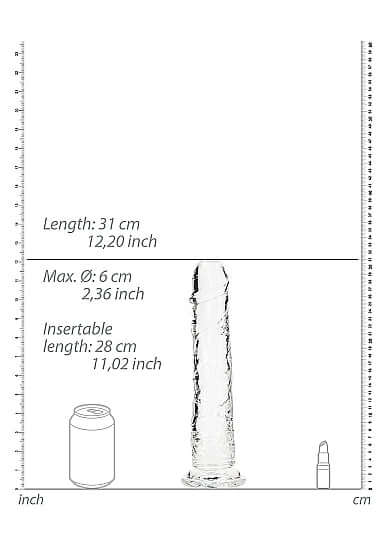 Realrock 11-inch Crystal Clear Dildo size comparison chart with can and lipstick for reference