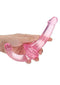 Hand holding a 6-inch pink strapless strap-on made from body-safe materials, designed for vaginal and anal use.