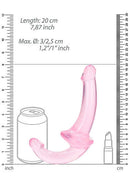 Realrock Strapless Strap On 6 Inches Pink with size measurements next to a can for scale, highlighting its body-safe design.