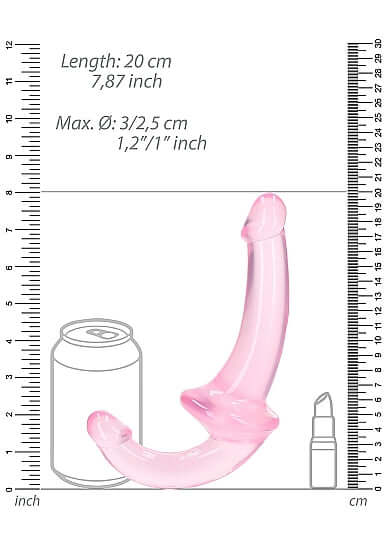 Realrock Strapless Strap On 6 Inches Pink with size measurements next to a can for scale, highlighting its body-safe design.
