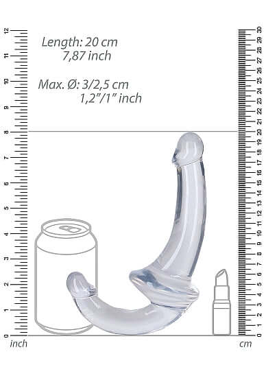 Crystal clear Strapless Strap-On 6-Inch Double Dildo with product dimensions comparison chart.
