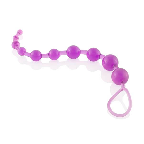 Graduated purple anal beads with a looped end, made from soft, flexible, phthalate-free materials for easy removal.