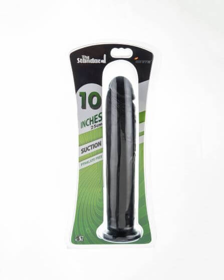Si Novelties Ignite Collection 10-Inch Black Realistic Cock with suction cup packaging on display.