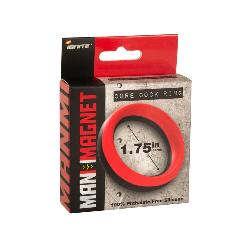 Man Magnet 1.75-Inch Core Cock Ring packaging in red, crafted from 100% phthalate-free silicone for enhanced pleasure.
