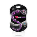 Packaging of purple anal beads, featuring 10 graduated soft and flexible beads for pleasure, phthalate-free materials.