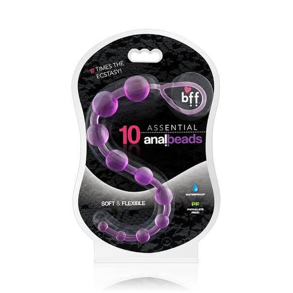 Packaging of purple anal beads, featuring 10 graduated soft and flexible beads for pleasure, phthalate-free materials.