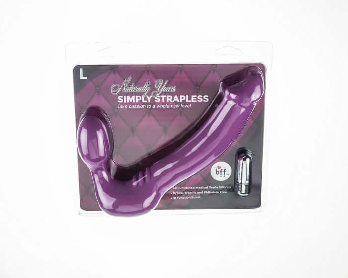 Simply Strapless Large Purple Vibrating Strapless Strap-On with dual ends in packaging