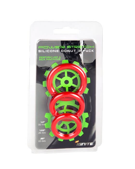 Ignite series Silicone Stretchy Rings Red 3 Pack in packaging, featuring power stretch donut cock rings for enhanced performance.