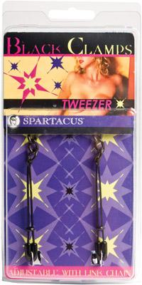 Spartacus Blackline adjustable tweezer clamps with link chain packaging for sensual pleasure and customizable pressure.