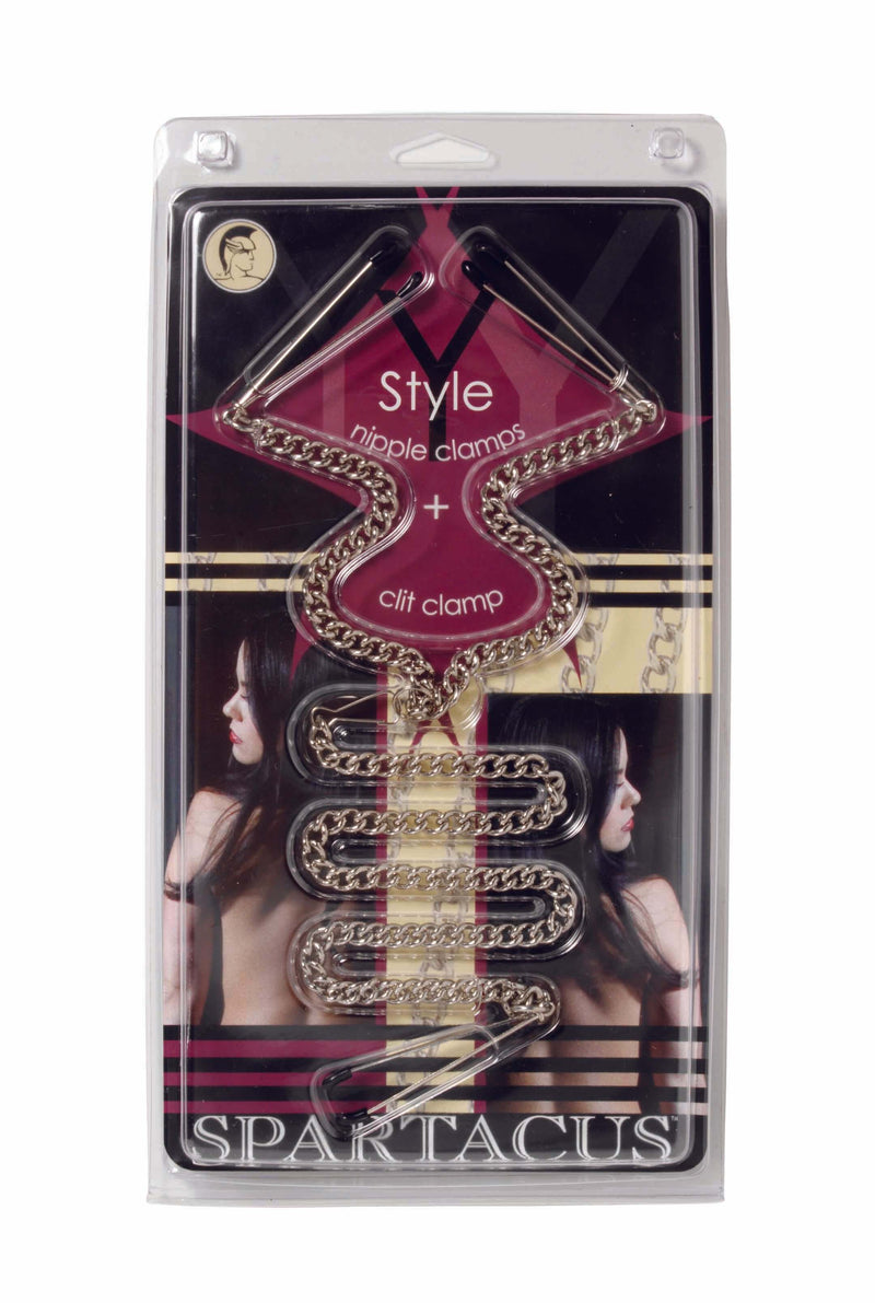 Y-Style Nipple Clamps with Detachable Clit Clamp in packaging by Spartacus, featuring rubber-tipped clamps for enhanced pleasure.
