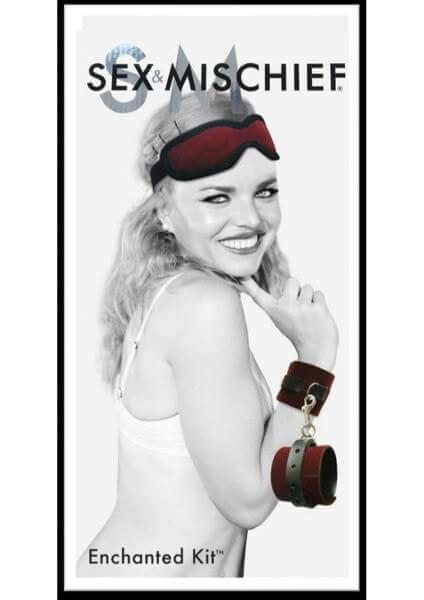 Sex and Mischief Enchanted Kit featuring burgundy blindfold and cuffs, perfect for beginner fantasy play and stylish bondage.