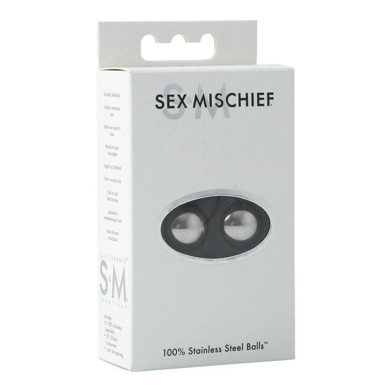 Sportsheets Steele Balls packaging from Sex and Mischief Collection, stainless steel design for sensual fitness and confidence.
