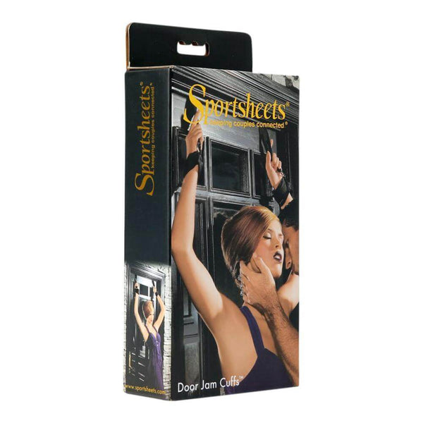 Sportsheets Door Jam Cuffs packaging for adjustable Velcro bondage cuffs perfect for thrilling stand-up play.