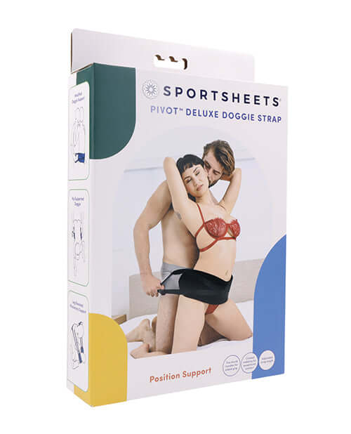 Sportsheets Pivot Deluxe Doggie Strap packaging showcasing a couple using the position support accessory for enhanced intimacy.