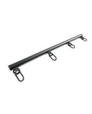 Black spreader bar with swivel snap clips for secure attachment and adjustable positioning in bondage play.