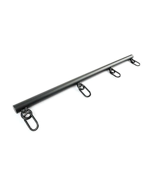Black spreader bar with swivel snap clips for secure attachment and adjustable positioning in bondage play.