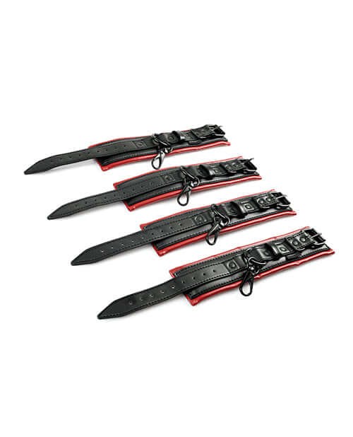 Saffron Spreader Bar and Cuff Set featuring adjustable faux leather cuffs in red and black.