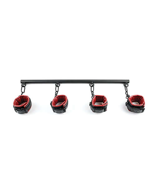 Saffron Spreader Bar and Cuff Set featuring adjustable faux leather cuffs in red and black with swivel snap clips.