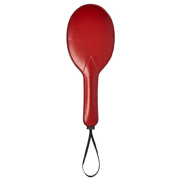 Sportsheets Saffron Ping Pong Paddle in red vegan leather for sensual play and discipline. Perfect for Doms and pleasure enthusiasts.