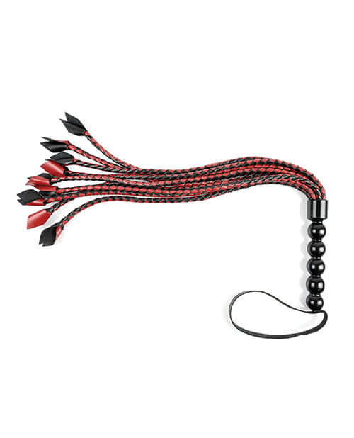 Saffron Braided Flogger by Sportsheets with braided faux leather strands and black-red design for intense sensations.