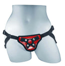 Sportsheets Entry Level Harness in red on mannequin, adjustable and comfortable for beginners, ideal for pegging.