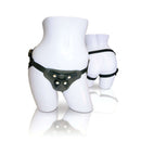Sportsheets Latigo Leather Harness on a mannequin, showcasing adjustable nylon straps and durable front pad in black.