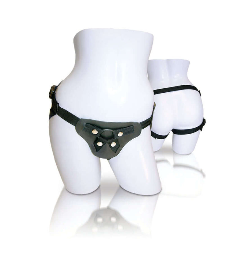 Sportsheets Latigo Leather Harness on a mannequin, showcasing adjustable nylon straps and durable front pad in black.