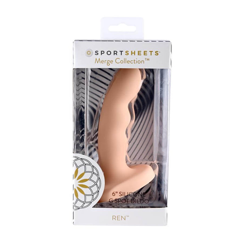 Ren 6 inch Silicone Dildo in packaging from Sportsheets Merge Collection displaying its versatile design and flared base for harness use