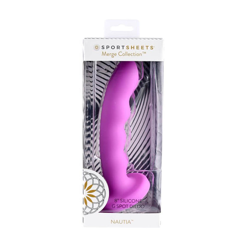 Nautia 8-Inch Silicone Dildo in Purple from Sportsheets Merge Collection, non-realistic curved design, compatible with harnesses.