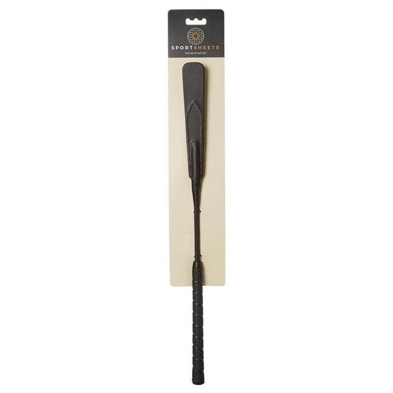 The Motivator Crop by Sportsheets, a durable BDSM accessory featuring a firm grip and slim leather impact zone.