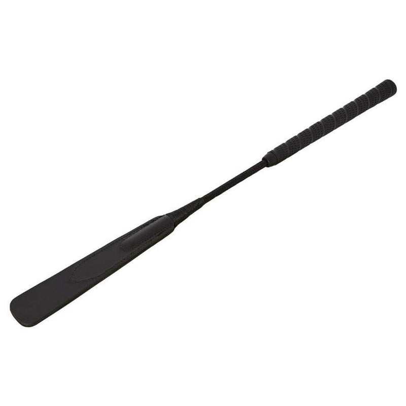 The Motivator Crop, a sleek black BDSM accessory with firm grip and leather impact zone for precise control.