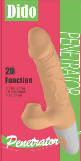 Sweet Dreams Dido Realistic Thrusting Pulsating Dildo packaging with 20 functions including thrusting, vibration, and suction.