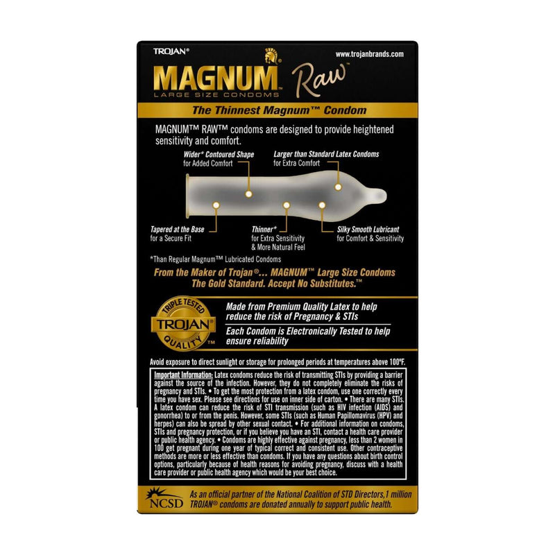 Back of Trojan Magnum Raw Large Size Condoms box detailing product features, thinness, comfort, and description for heightened sensitivity