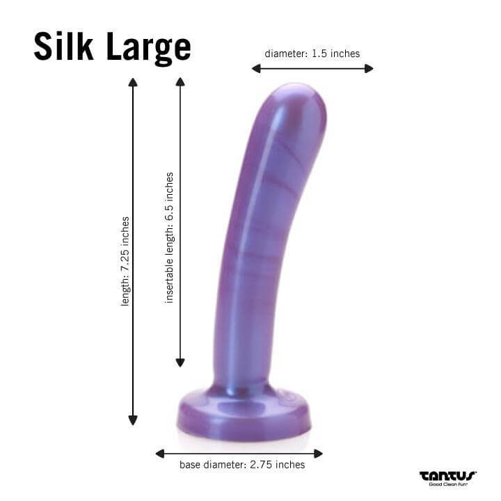 Silk Large Purple Haze Dildo from Tantus Silicone with dimensions labeled