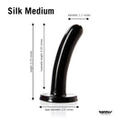 Silk Medium Black Dildo from Tantus Silicone with length and diameter dimensions shown