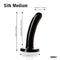 Silk Medium Black Dildo from Tantus Silicone with length and diameter dimensions shown