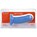 They/Them Azure Blue Dildo by Tantus in packaging showing 100% Ultra Premium Soft Silicone design, harness-compatible, for hard thrusting.