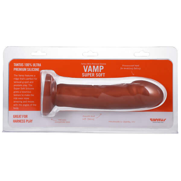 Vamp Copper Dildo from Tantus in packaging, featuring ultra-premium silicone and designed for G-spot and prostate stimulation.