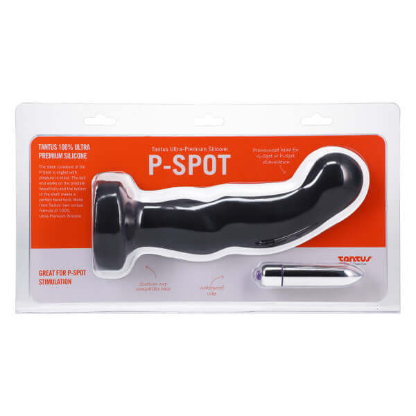 P-Spot Vibrating Onyx Black Dildo by Tantus in packaging designed for optimal prostate pleasure.