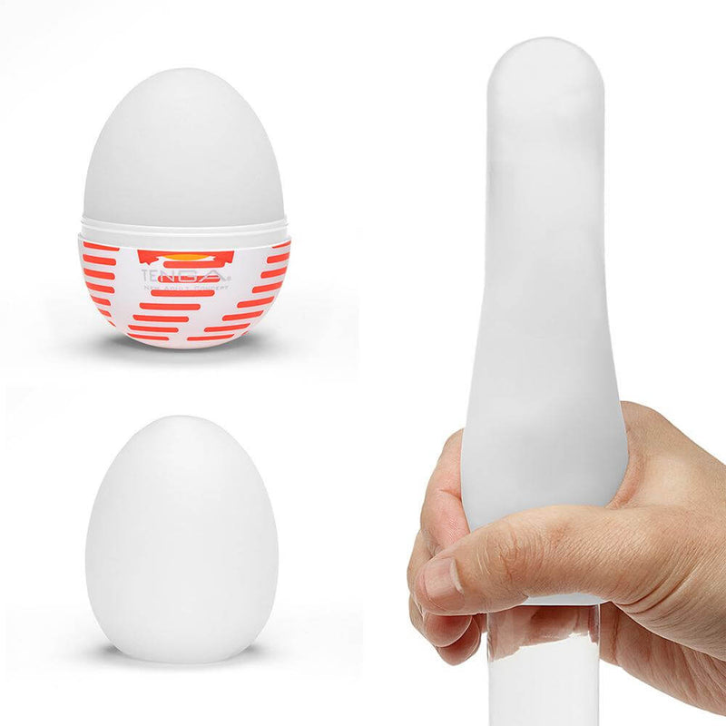 Tenga Egg Tube Easy Beat Stroker male masturbator, compact and discreet design, shown with unique internal texture and user demonstration.