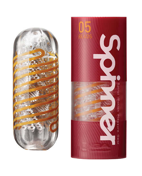 Tenga Spinner Beads male masturbation device with spiral motion and bead texture packaging.