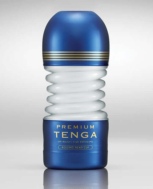 Tenga Premium Rolling Head Cup Stroker with blue and white design for enhanced pleasure and control