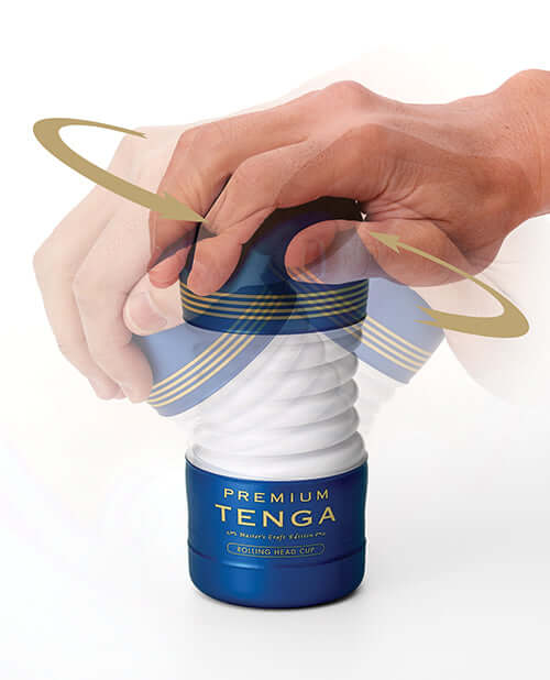 Person using Tenga Premium Rolling Head Cup Stroker showing flexible, bendable structure.