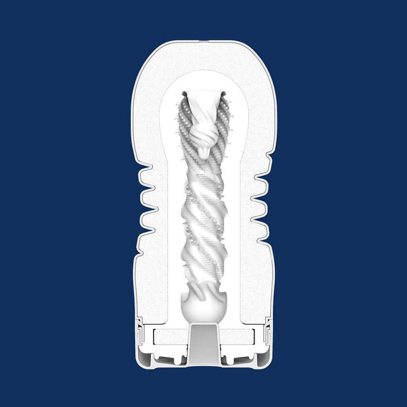 Interior view of Tenga Premium Rolling Head Cup Stroker showing spiral structure and intricate textures