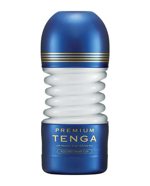 Tenga Premium Rolling Head Cup Stroker with luxurious blue and white design from the Master's Craft Series.