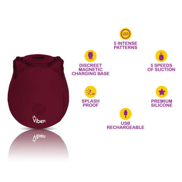 Viben Zen Classic Rose Ruby stimulator features: 5 speeds, 5 patterns, splash proof, USB rechargeable, premium silicone.