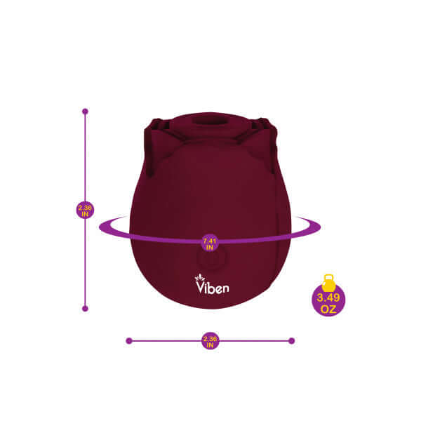 Dimensions and weight of the Viben Zen Classic Rose Ruby handheld clitoral and nipple stimulator, featuring a unique rose design.