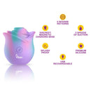 Viben Zen Rose Unicorn stimulator highlighting features like 5 patterns, 5 suction speeds, splash proof, premium silicone, and USB rechargeable